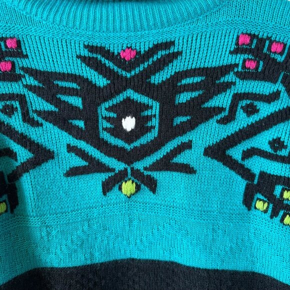 Vintage 80's Gitano Turquoise Embroidered Turtleneck Sweater Southwestern Small - Picture 4 of 6